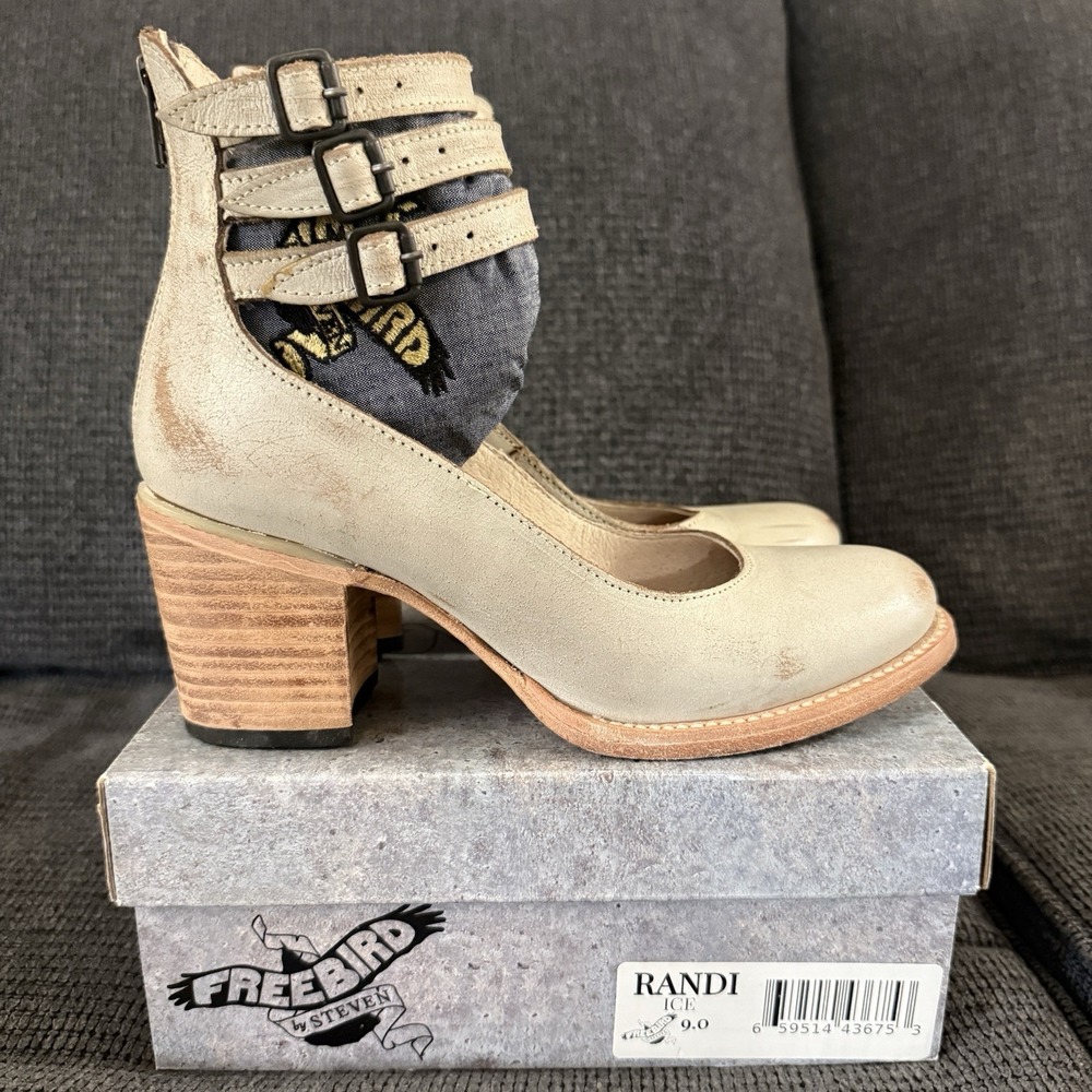 Freebird by Steven Randi Leather Ankle Harness Shoes Size 9 Block Heel Gray Ice
